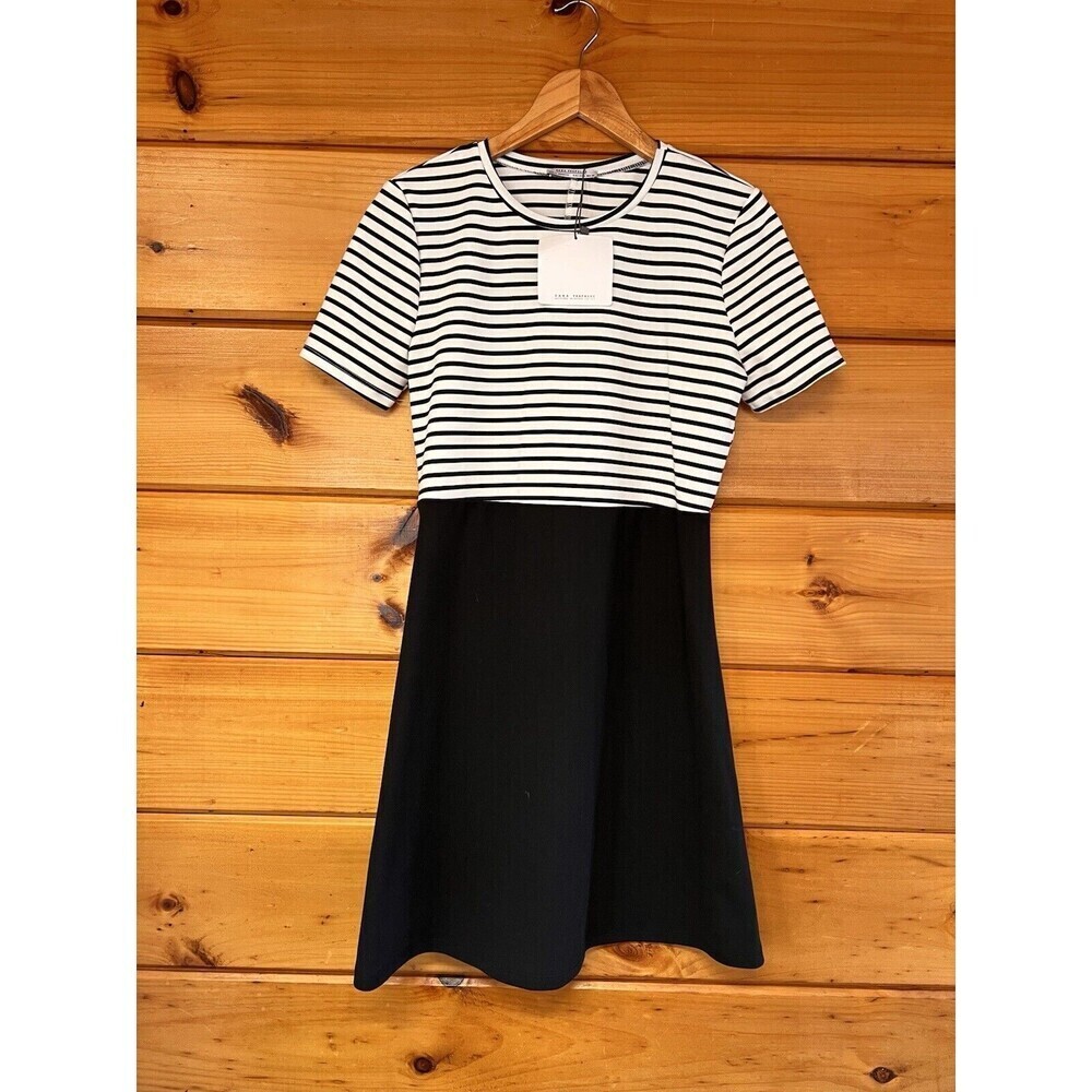 Zara Dress Women L Black White Stripe Mini A-line Stretch Short Sleeve Pullover
